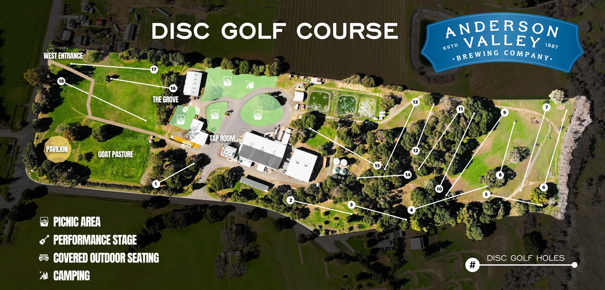 Official AVBC disc golf course map: all 18 holes across the Anderson Valley Brewing Company property in Boonville, CA