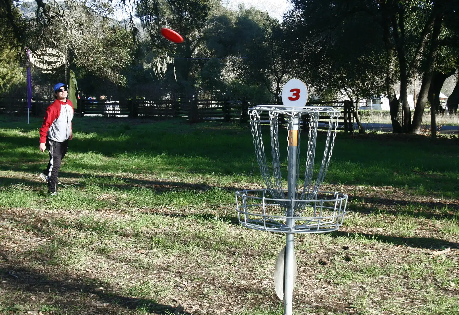 Disc in flight toward the basket on hole 18 at Anderson Valley Brewing Company