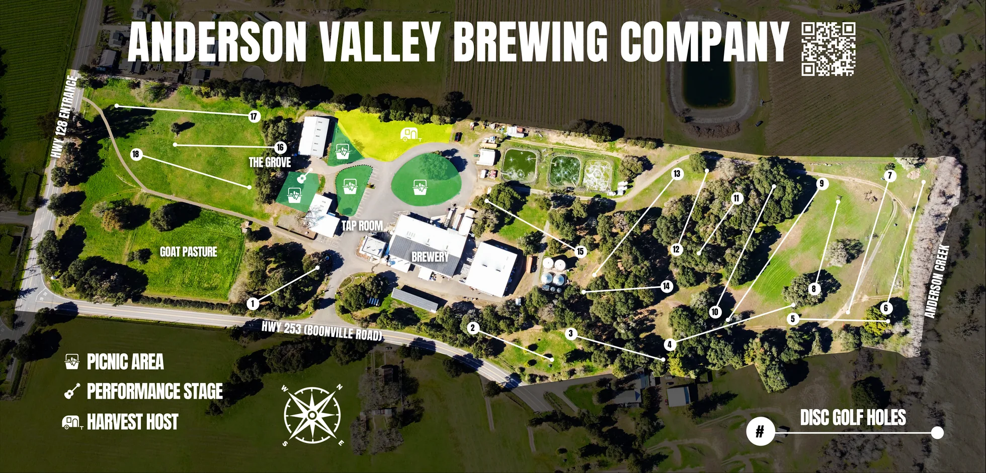 Official AVBC disc golf course map: all 18 holes across the Anderson Valley Brewing Company property in Boonville, CA